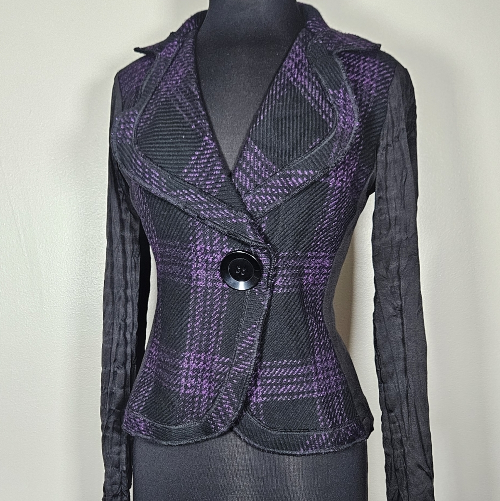 Alberto Makali Wool Blend Crop Plaid Jacket Tailored Mixed Fabrics Glam Blazer M